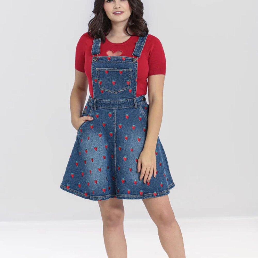 Hell Bunny Strawberry Denim Pinafore Dress Unique Vintage Size 2XL Valentines